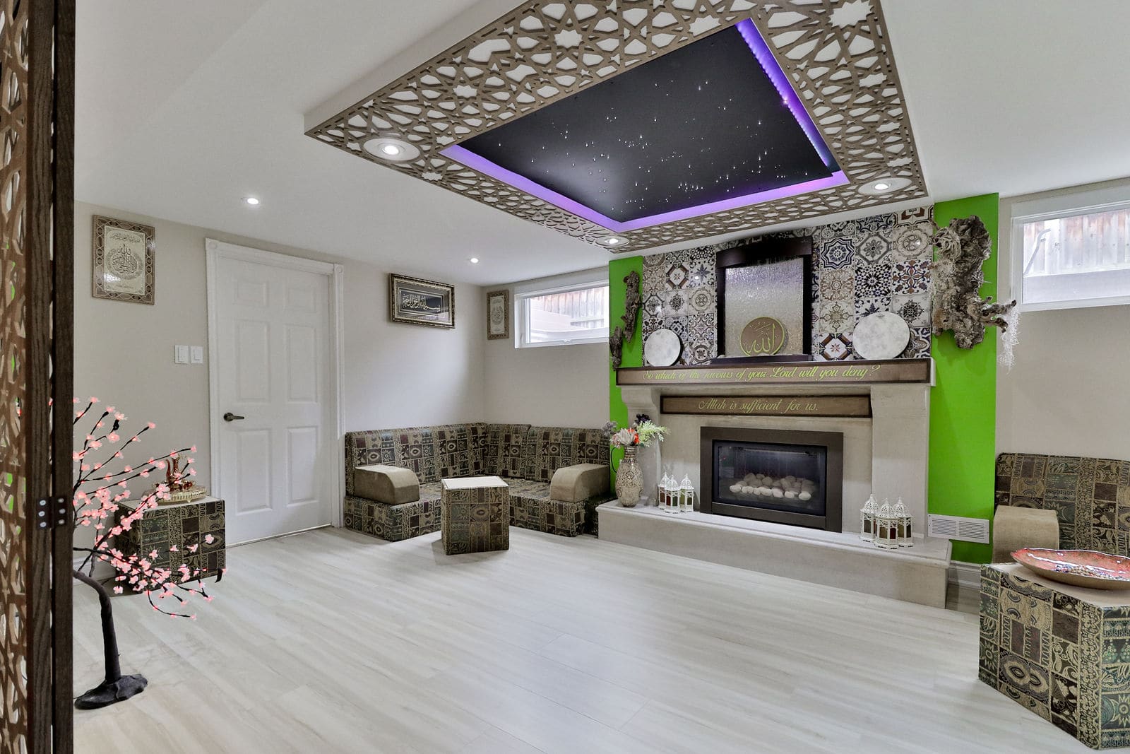Basement spiritual room with a lattice-framed fiber optic star ceiling and patterned seating