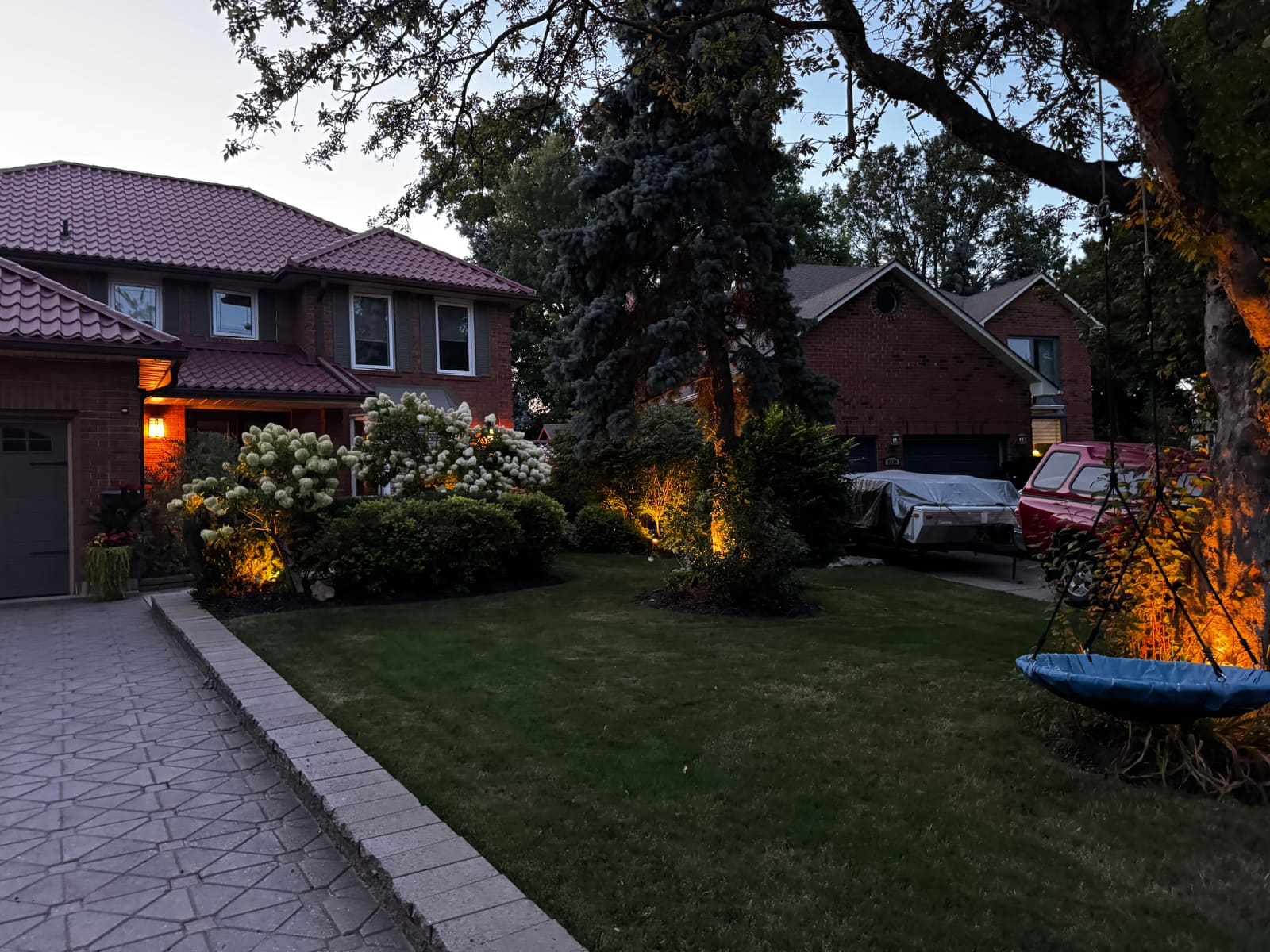 The front yard at dusk