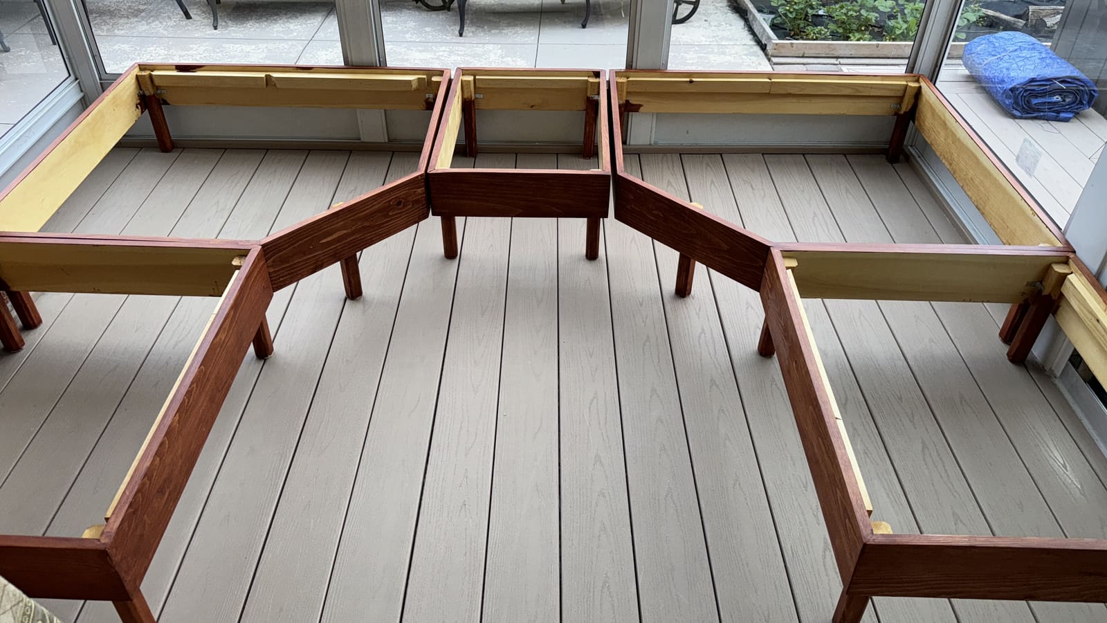 Bench frames dry-fit in the sunroom