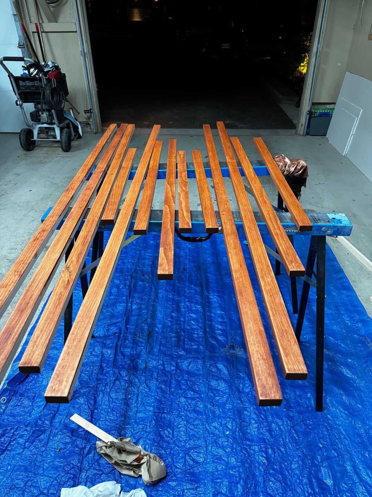 Stained trim pieces drying